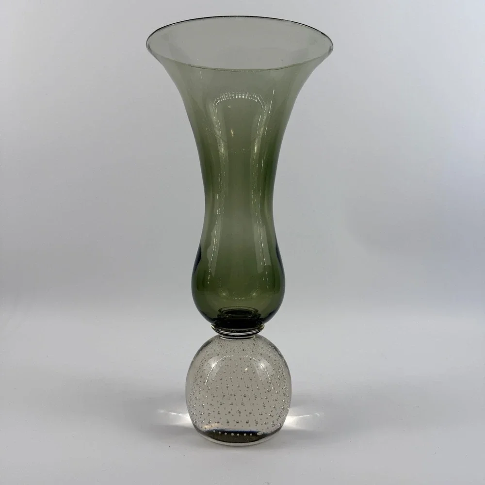 Carl Erickson Art Glass Olive Green Vase Bullicante Bubble Foot